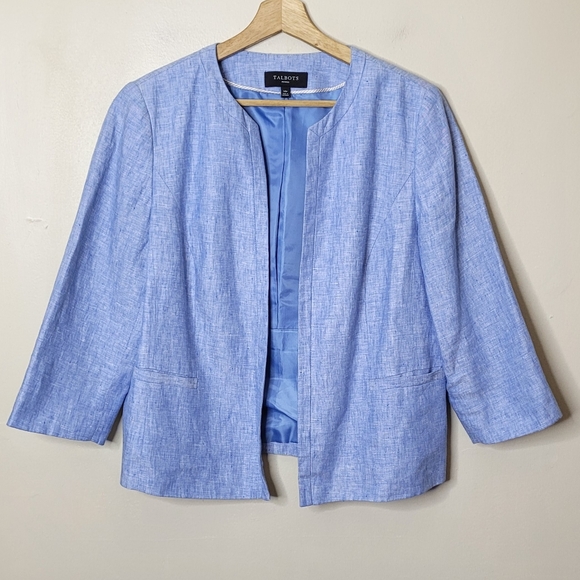 Talbots Petite 100% Linen Blazer Open Front 3/4 Sleeve Fully Lined Size 14P - Picture 2 of 8